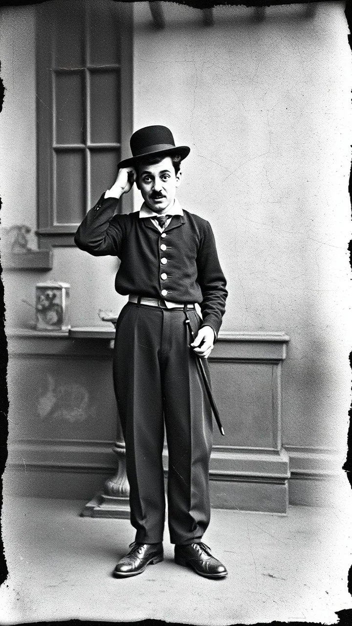 An old picture style of black and white mono very bad quality looks very old camera picture with cracks Charlie Chaplin , year 1900