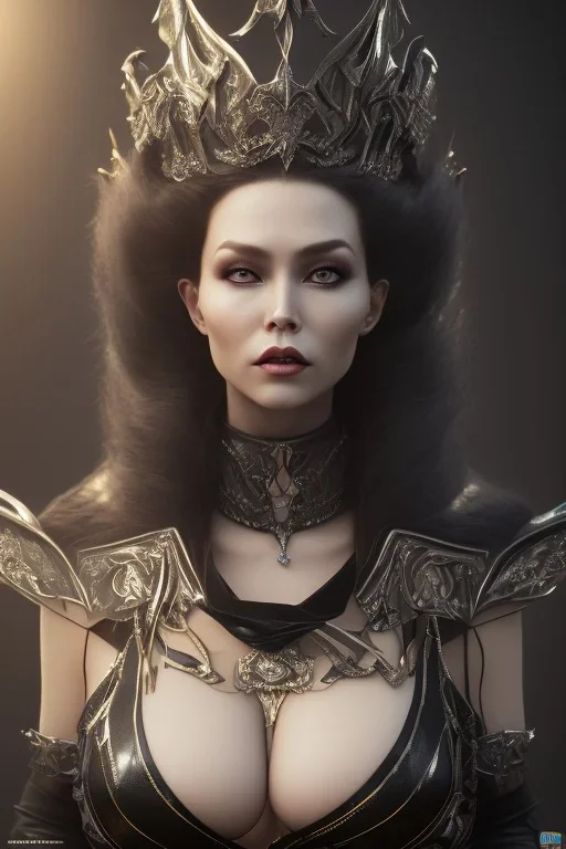 Xenia Onatop as evil queen in black leather, busty, cleavage, angry, stern look. character design by fenghua zhong. unreal engine 5, artistic lighting, highly detailed, photorealistic, fantasy