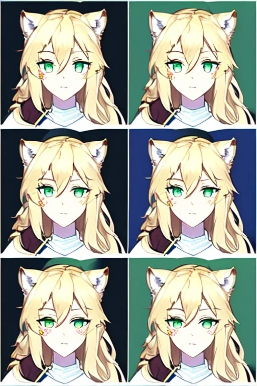Druid character, young woman, cougar ears, cougar tail on lower back, blonde hair, long hair, green eyes, scars on body, animal hide armor, waist up portrait, 4k resolution, intricate details, ornate details, soft lighting, vibrant colors, retroanime, masterpiece, intricate eyeliner, dark eyeshadow, eyes, intricate tattoos, natural background