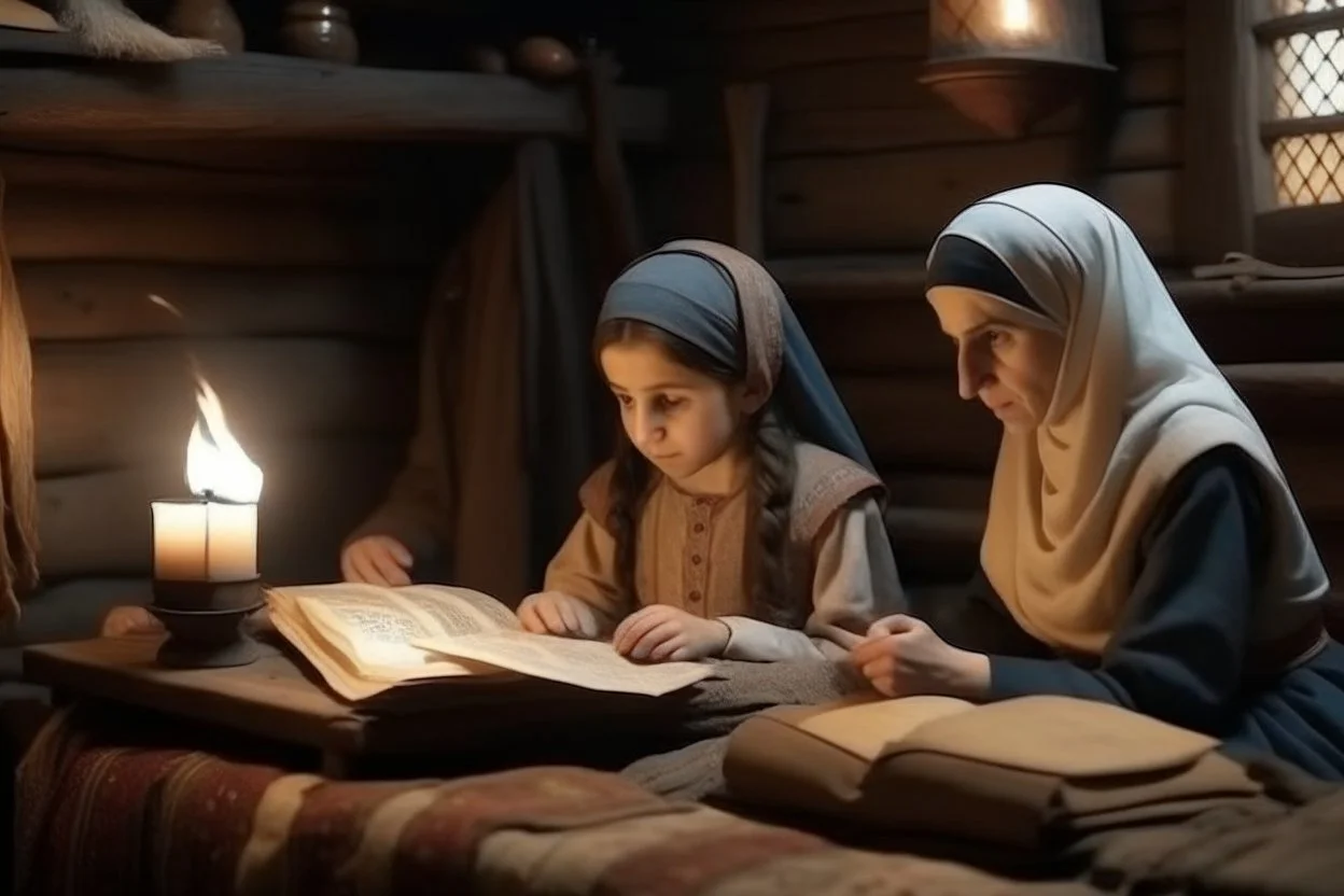 A close-up scene of an Arab mother reading the story from a book with her children around her in the room of the old wooden house near the fireplace 100 years ago.