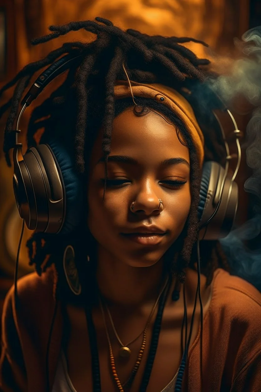 earthy black young woman listening to music with headphones, soul, peace, majestic, earthy colours, at peace, happy, incense, jewels, bands, natural, old school headphones, blasian, incense no eyelid wrinkles, darker skin tone