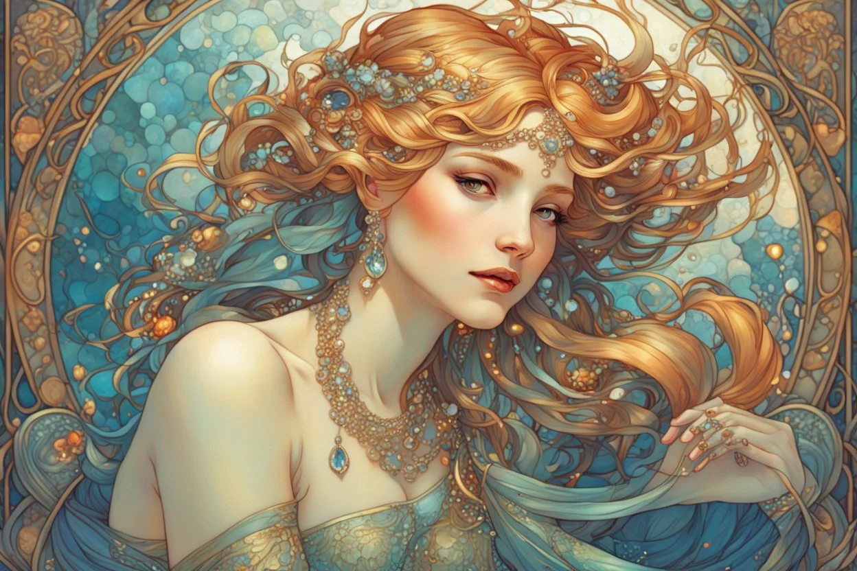 a beautiful mermaid with jewels elegant extremely detailed very attractive beautiful dynamic lighting colourful Alphonse Mucha