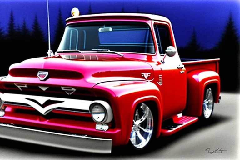 a true-to-life 1956 ford f100, classic wheels, centered, intricate, extreme detailed, photorealism, center view, suburb background, pivot on ford, pen and color marker, painting by cheryl kelley