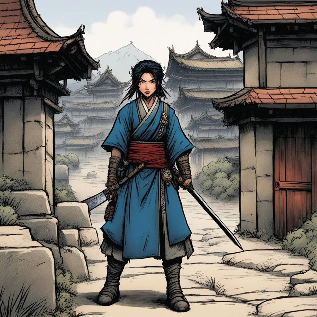 [art by Kevin Eastman and Peter Laird] this Nomadic Japanese woman stands at the border of the medieval town with her katana
