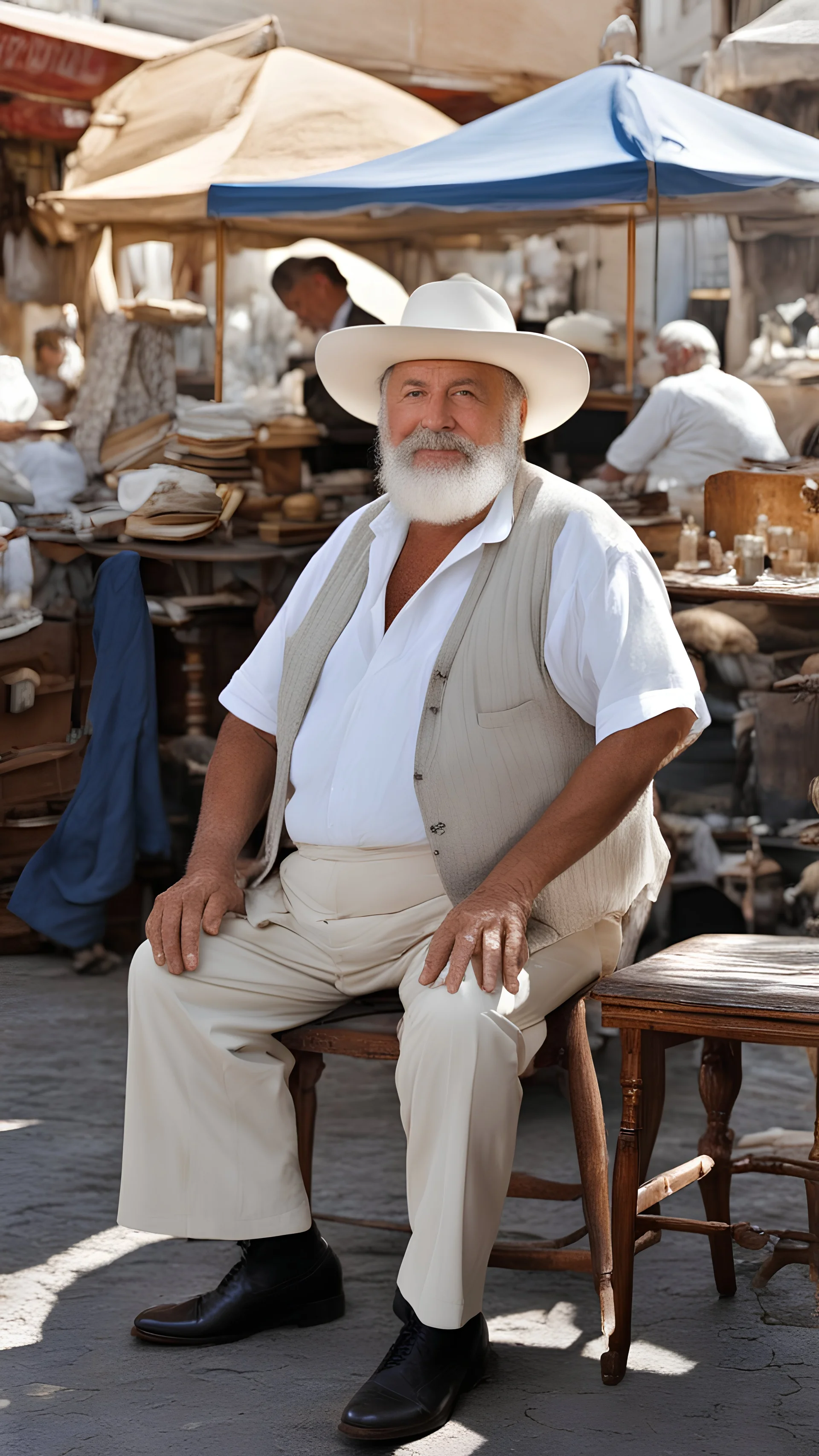 Full length photograph of a 58 year old, strong and chubby Neapolitan antiques dealer, at the street market, elegantly dressed, old glasses, short white beard, short shaved hair, under the sun, stocky, open shirt, hairy chest, sitting in a furniture stall of antique and mirrors, big belly, big shoulders,, sunlight, ambient occlusion, side light, photorealistic, side view from the ground