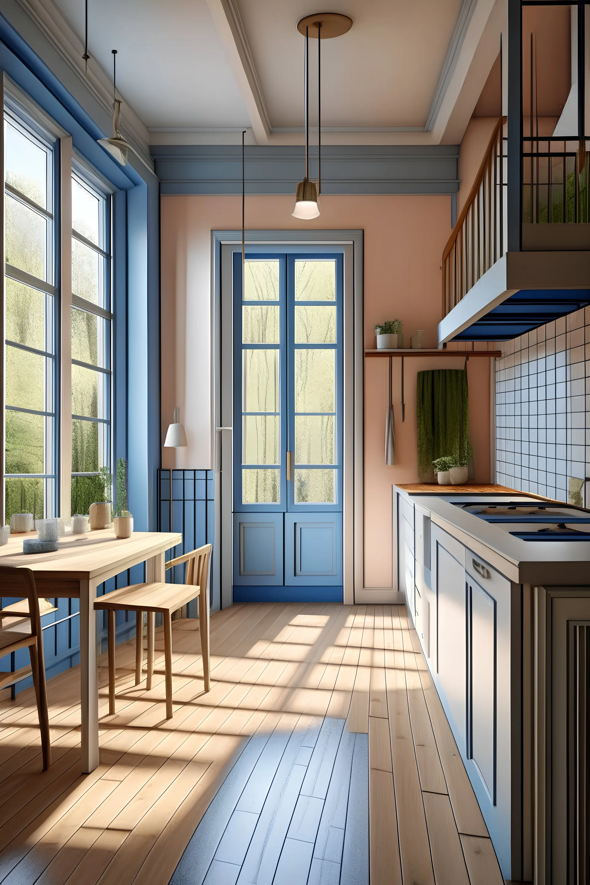 High resolution photography kitchen design, wooden floor, small windows opening onto the garden, bauhaus furniture and decoration, high ceiling, beige blue salmon pastel palette, a door opening into stairs on the left,the left view to be hald seen,spot lights in the celinginterior design magazine, cozy atmosphere; 8k, intricate detail, photorealistic, realistic light, wide angle, kinkfolk photography, A+D architecture, Kitchen Sink , Basket of frutis and vegitables , bottel of drinking water,