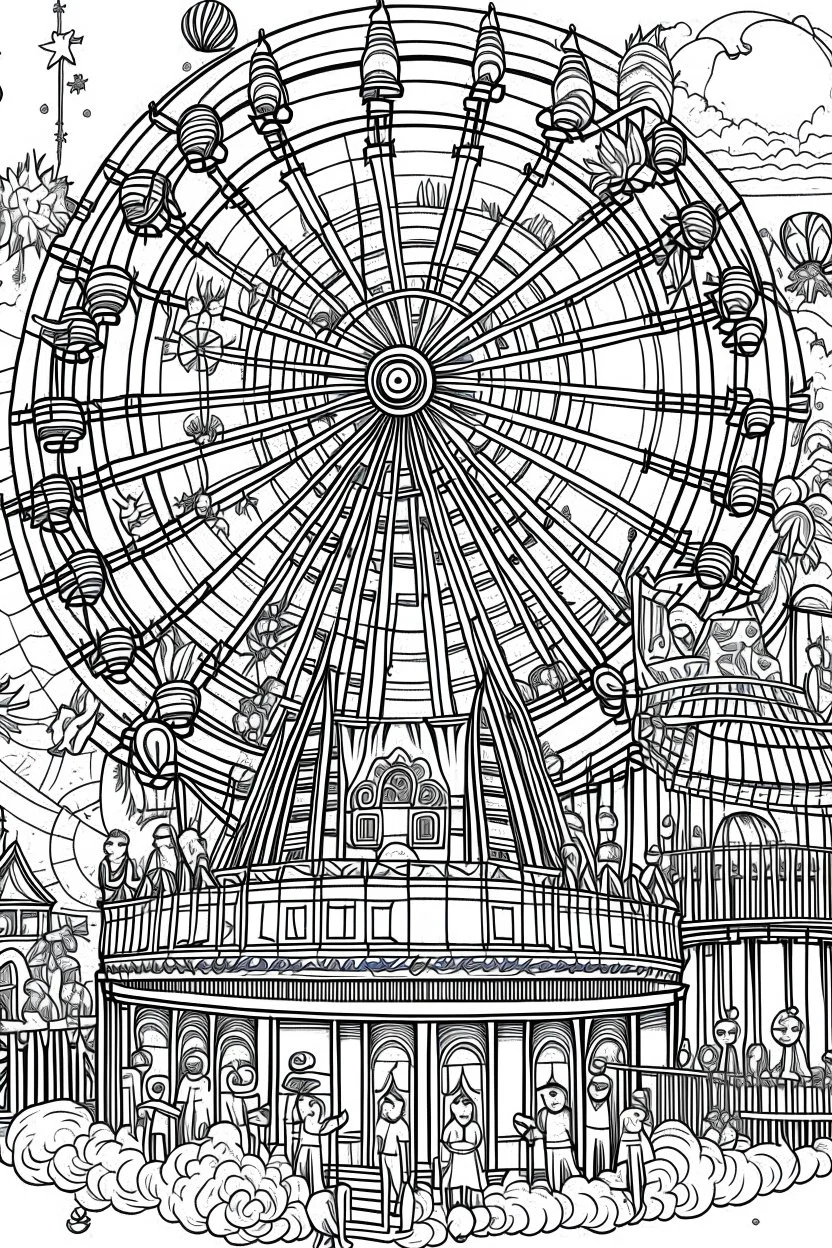 A haunted carnival with ghostly rides, creepy clowns, and a ferris wheel. Outline, sketch style, only use outline, mandala style, clean line art, white background, no shadows, no clear wall, coloring page.