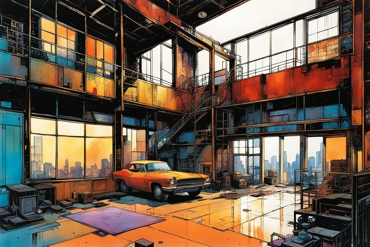 create a wildly abstract illustration of a highly detailed gritty and rusted Victorian industrial warehouse artist's loft apartment in the comic book art style of Bill Sienkiewicz, and Jean Giraud Moebius, finely textured, drawn, colored, and inked