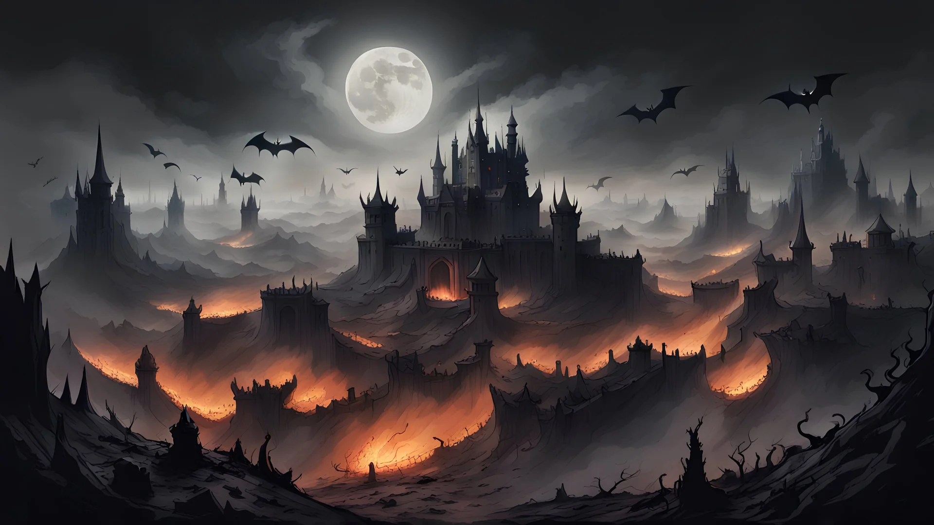 A desolate landscape with moon obfuscated by haze and dark clouds. bat-like demons fly through the mist. Medieval castles and modest stone temples are collapsing and surrounded by rubble as gaping pits in the earth open around them. fire and black smoke bellows out from the pits. the pits are pure evil and malice. next to the pit openings, wooden and steel elevator-like contraptions lower groups of prisoners into them. the prisoners are sent into the pits by templar knights, who fight off demons