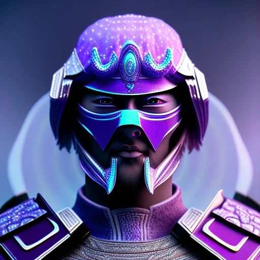 samurai purple masked villain in galaxy, teal and purple smoke, detailed, realistic, 4k