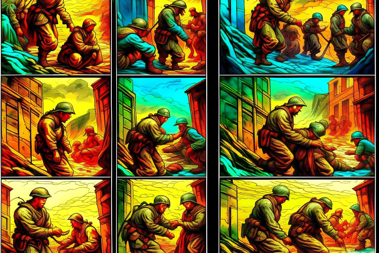 Masterpiece1:5)(Fineart), (award-winning:1.5), highest quality, war journalism, ink and colored pencil sketch of photocollage (by Gustave Doré, Jan Saudek:1.5),(Eastern Ukraine:(panel one:the moment after a battle ends, horrors of war, wounded men),(2nd panel, cinematic shot of men sitting in trench with 1000 yard stare (focus on their eyes:1.5)),(the third panel shows troops tired but hyper alert), (the fourth panel shows the sky is filled with incessant, fire and smoke everywhere,)