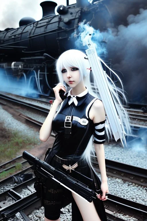 close-up gothic anime girl, white hair, tight outfit with gun on thigh, standing on a train track, smoke and fire surroundings, she is dull and dark, looks determined , train approaching behind her,