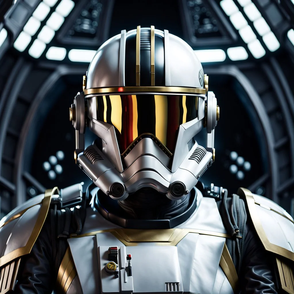 star wars bald male corellian pilot wearing gunmetal grey and black First Order TIE pilot armored flightsuit and helmet with gold trim inside the jedi temple, centered head and shoulders portrait, hyperdetailed, dynamic lighting, hyperdetailed background, 8k resolution, volumetric lighting, light skin, fully symmetric details