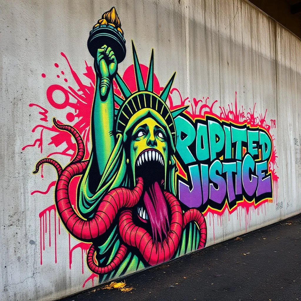 Digital photography of a concrete wall with bright colorful graffiti tagged by "CORRUPTED JUSTICE", eschatological corrupted statue of liberty gaping maw biomechanical tentacles, cosmic horror aesthetic, style of Os Gemeos and style of Phlegm