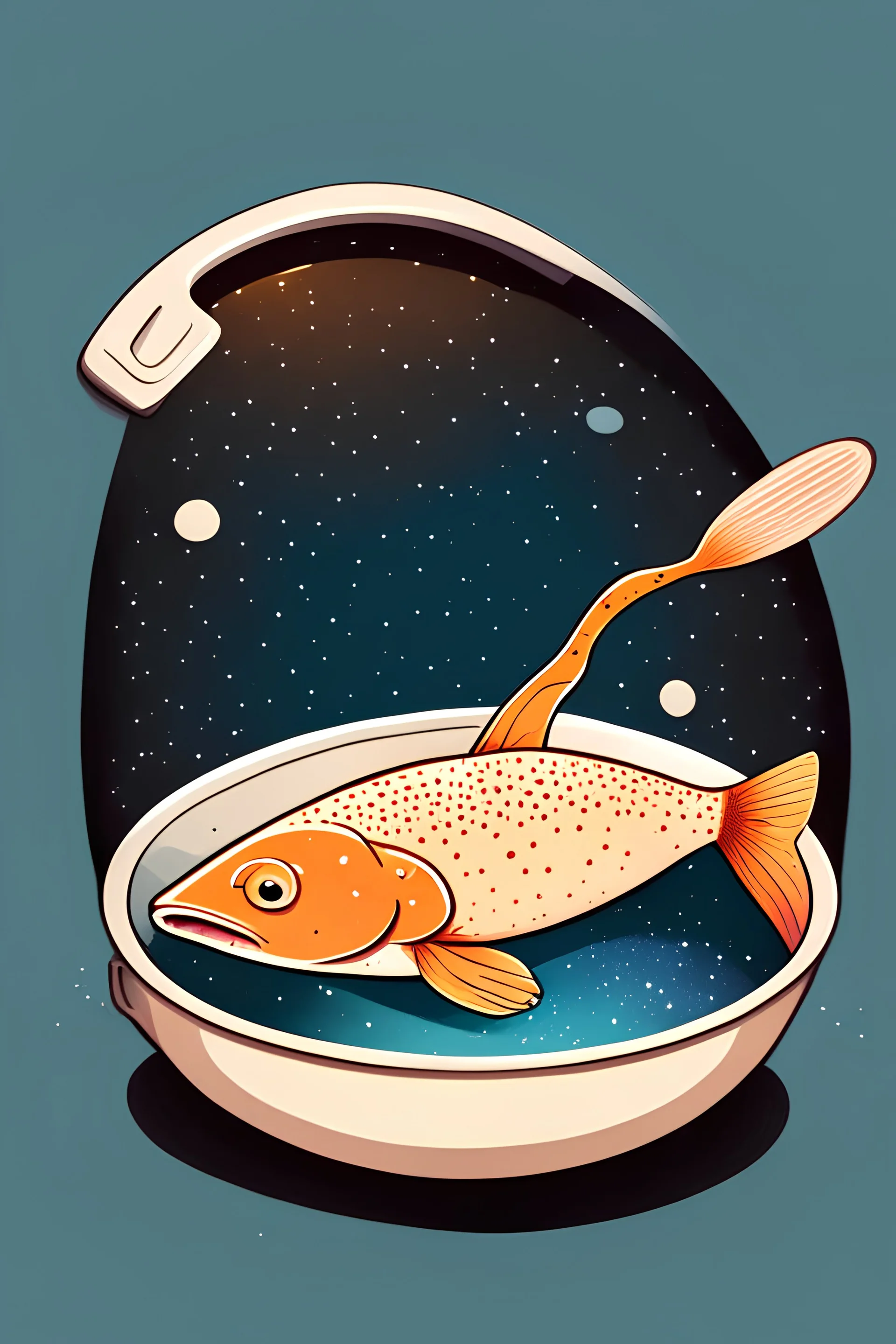 Trout in a frying pan in space in a simple cartoon style for a card