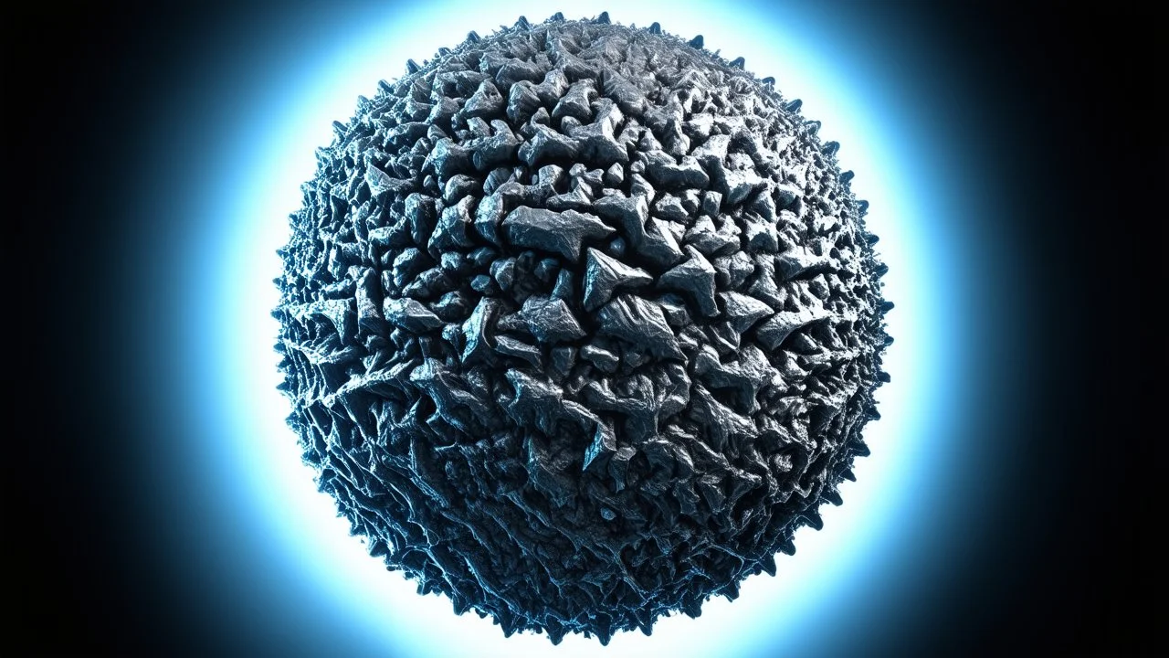 A fractal art piece featuring a complex, spherical structure with intricate, repetitive patterns. The color palette is dominated by shades of blue and gray, giving the piece a metallic or stone-like appearance. The structure is adorned with numerous small, detailed elements that create a sense of depth and texture. The lighting is soft and diffused, highlighting the contours and details of the fractal. The overall composition is dense and visually engaging, inviting the viewer to explore the int
