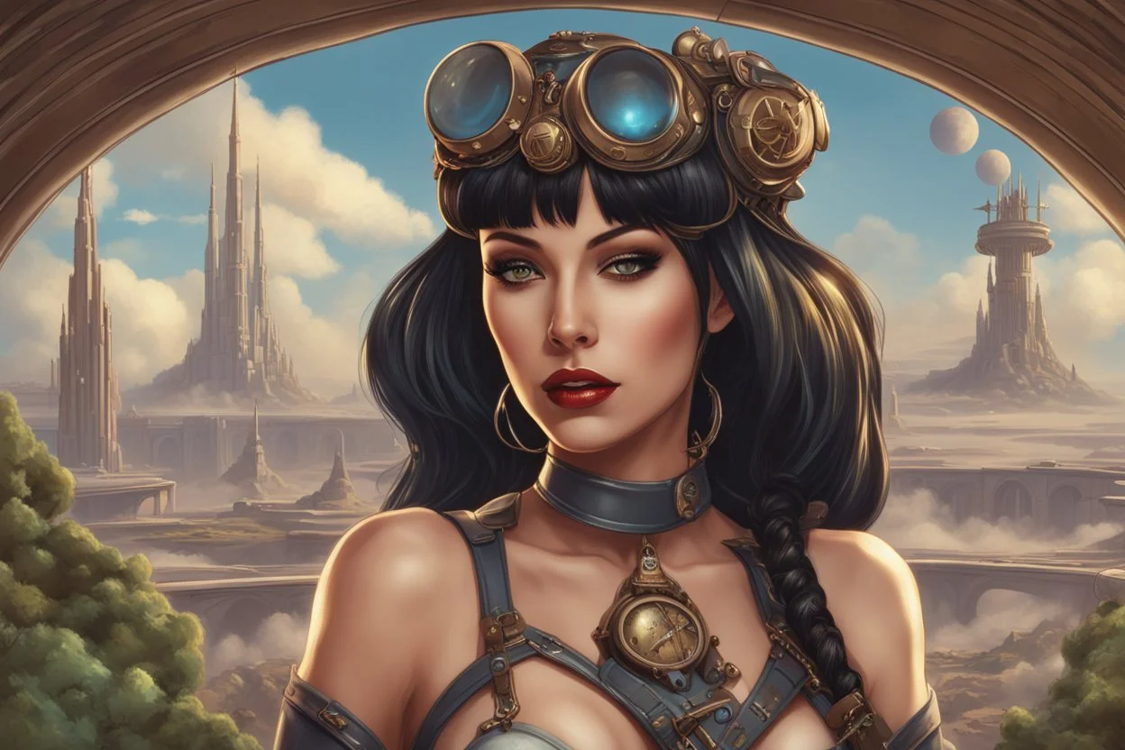 exotic sci-fi steampunk pin-up girl, with long dark hair with bangs, on an alien planet with cloud trees, tall spires, buildings, bridges, arches, photorealistic