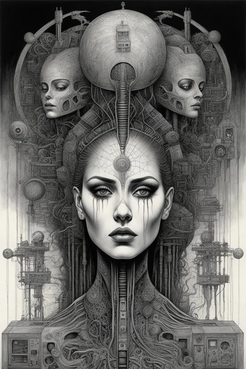 A woman with a Indian fathers on head with computer chips and a smoke in the background dark a thin line draw ، front view camera, decayed and rotting with grotesque proportions and imagery. surreal horror, biomechanical design, by hr giger and beksinski , fine lines draw