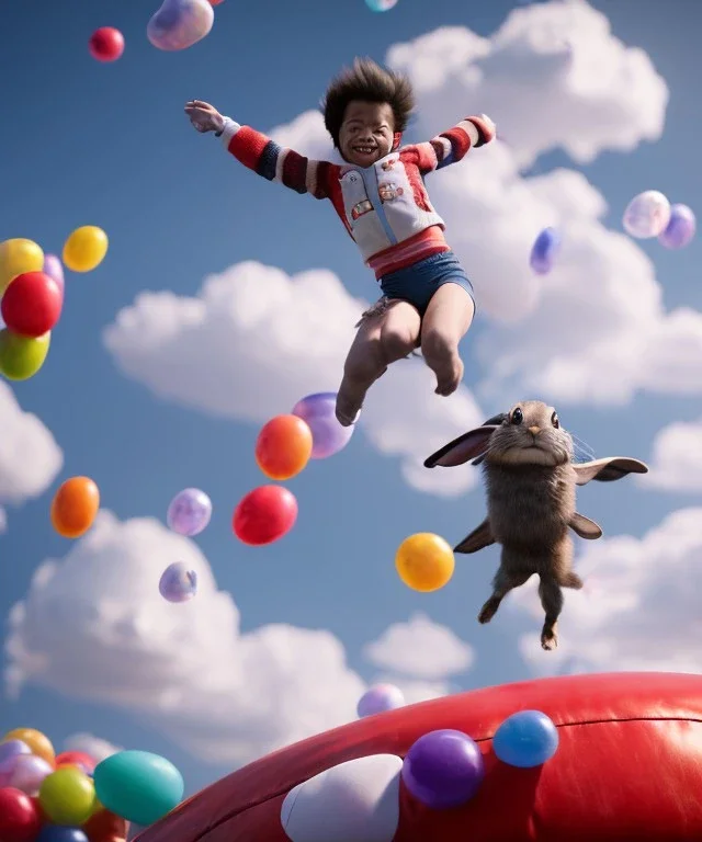 Ultra realistic speed clouds sky scene, wide angle view, childs falling down with many Childs background, rabbit head, inflatable monsters, circus dress style, feather color, free jumping flying, many trinkets, hair monster, many jelly beans, balls, color smoke, smile, happy, extreme, wind, clouds sea, 20,000 feet altitude, stratosphere, soft color, highly detailed, unreal engine 5, ray tracing, RTX, lumen lighting, ultra detail, volumetric lighting, 3d, finely drawn, high definition.