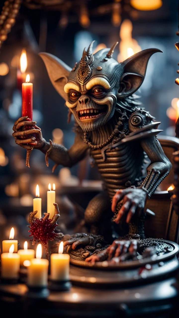 full body portrait of a banana werewolf gremlin star eating candles and the blood of fish on a viking ship, in the style of Giger,bokeh like f/0.8, tilt-shift lens 8k, high detail, smooth render, down-light, unreal engine, prize winning