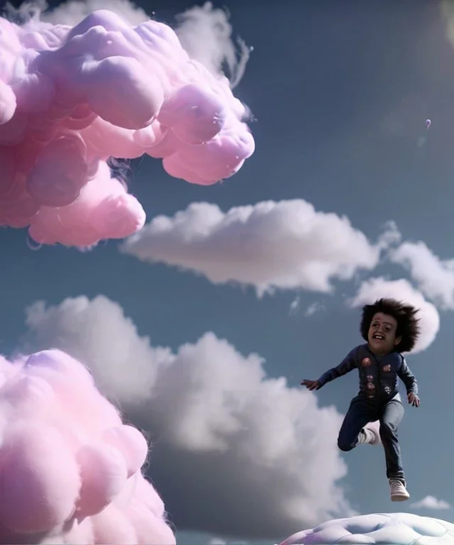 Ultra realistic clouds sky scene, wide angle, sweet childs. color smoke fog, free jumping flying, trinkets, monster hair, hair monster, jelly beans, balls, smile, happy, circus style, inflatable color clothing, extreme, wind, clouds sea, 20,000 feet altitude, stratosphere, soft color, highly detailed, unreal engine 5, ray tracing, RTX, lumen lighting, ultra detail, volumetric lighting, 3d, finely drawn, high definition, high resolution.