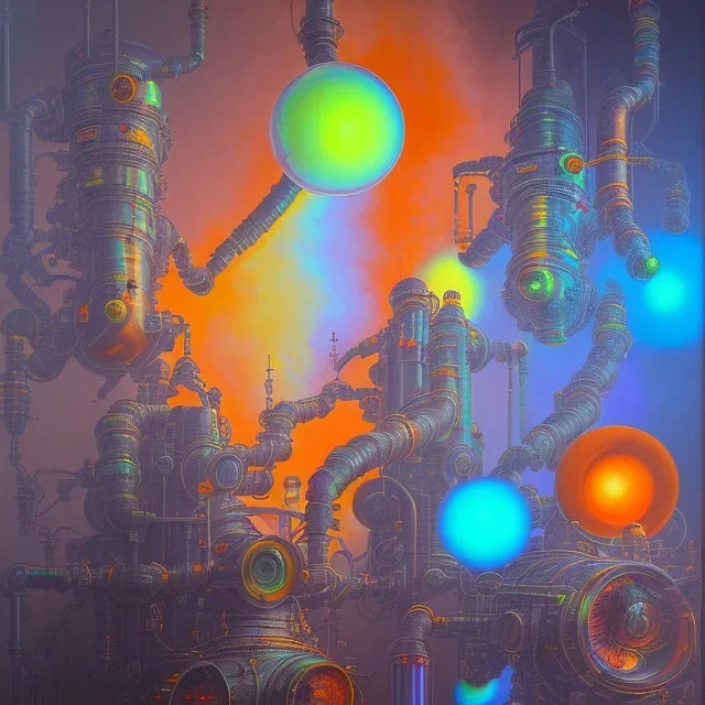 group of scientists is in the laboratory. invent new colors. smoke rises from multi-colored glassware. they are wearing overalls. color swatches in the background. hyperdetailed, orange and teal, warm colors, detailed painting, photorelistic, oil on canvas, light dust, futuristic. volumetric lighting