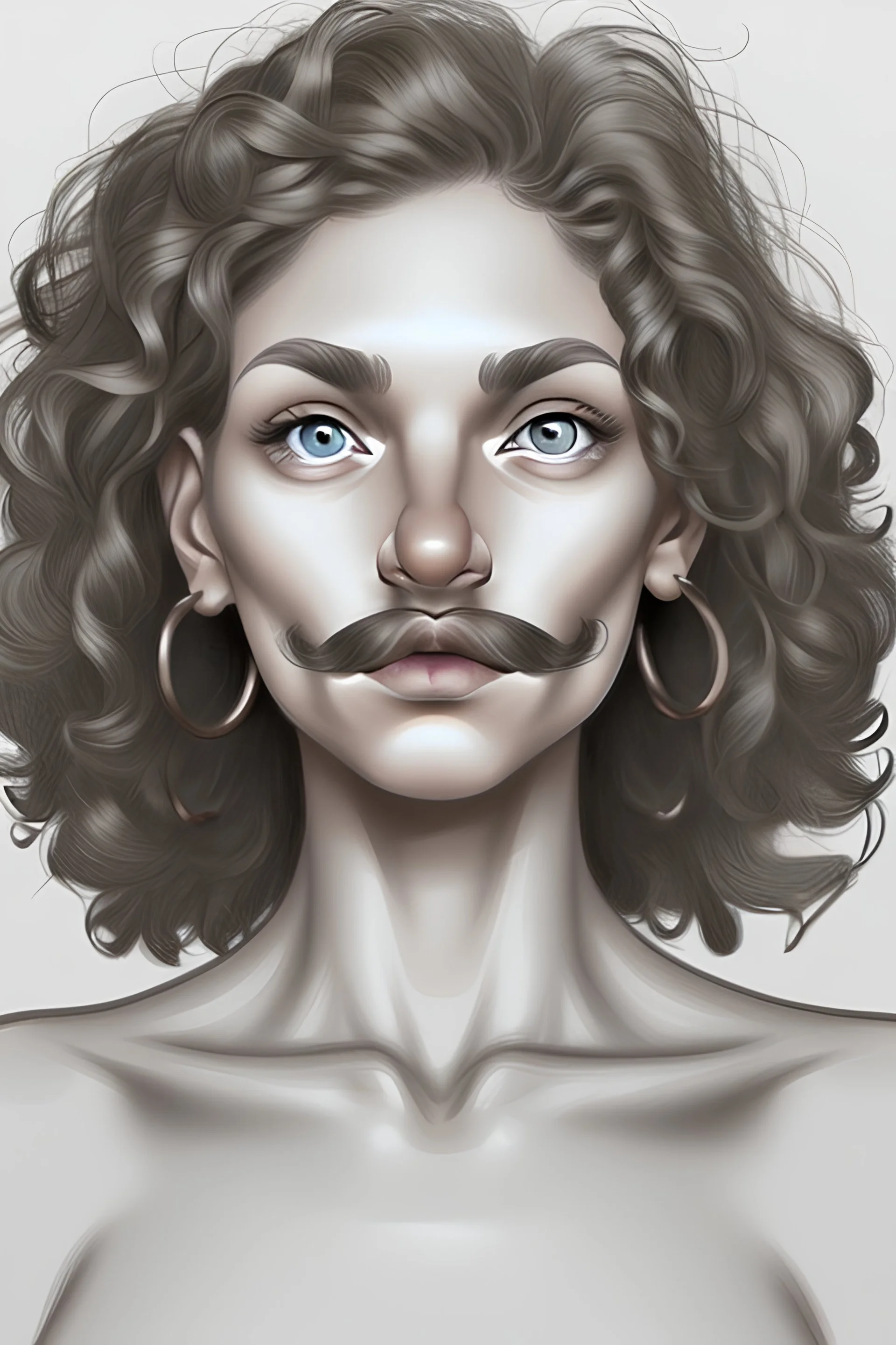 Draw a foreign human who is average height and curvy, with medium, curly grey hair, blue eyes, a tan skin tone, and a mustache