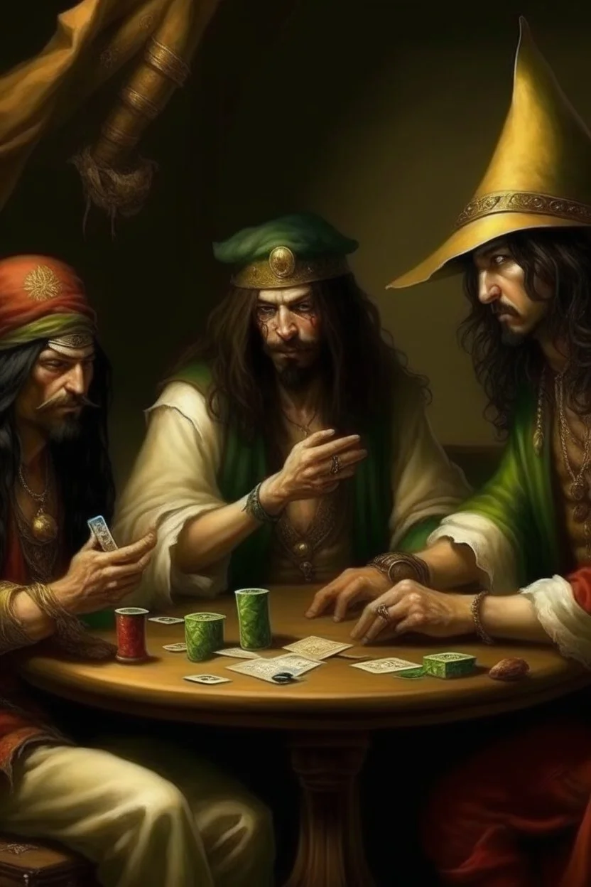 Jesus and some pirates friends smoking and playing cards, davinci. Surreal.