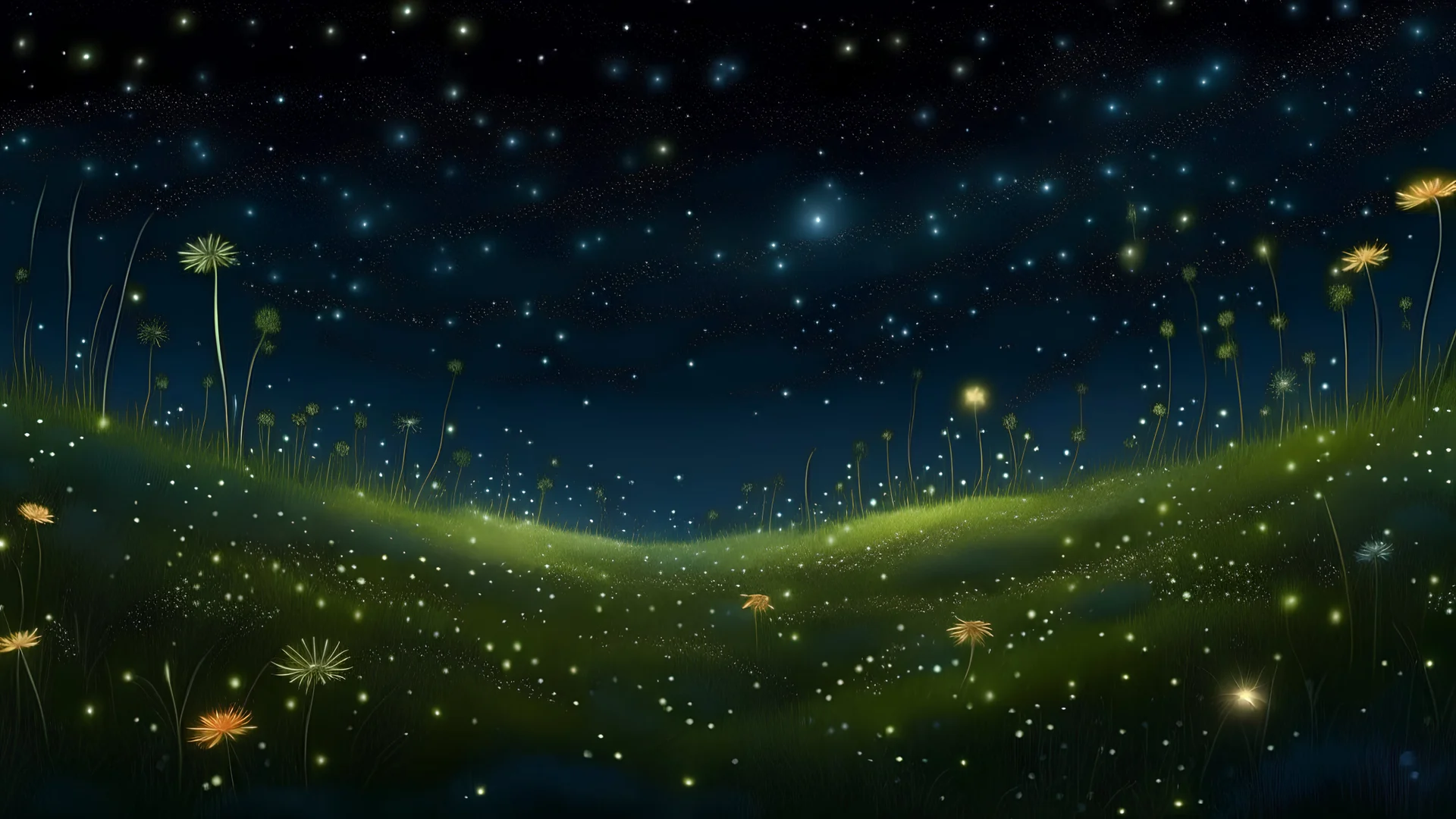 A vast night meadow where flowers and grass emit a soft light that imitates the starry sky. The grassland animals look like moving constellations, and the air is filled with fragments of fallen stars that can grant fleeting wishes.