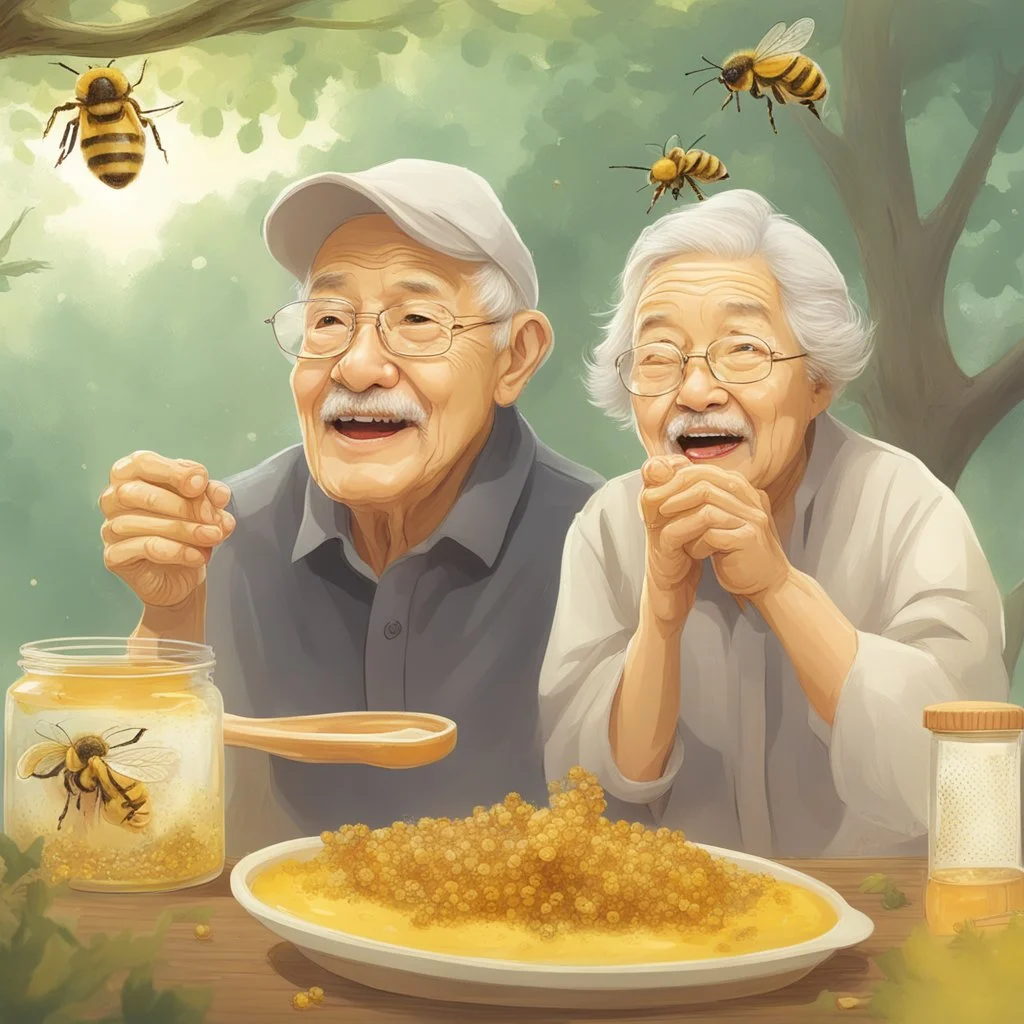 Grandpa and grandma enjoy eating in a planet of honey stingless bee, realistic