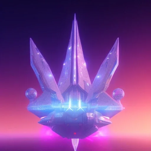 a crystalised blue pink spaceship, gold, diamonds, lightbeams, cosmic background, atmospheric, realistic, unreal engine, 8k. Cinematic lighting, octane render.