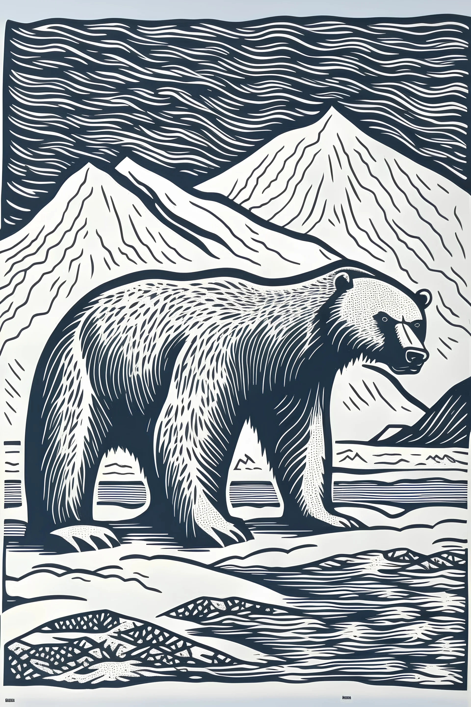 Minimalistic lino-cut woodcut screenprint of polar bear in the arctic, mountains in the back