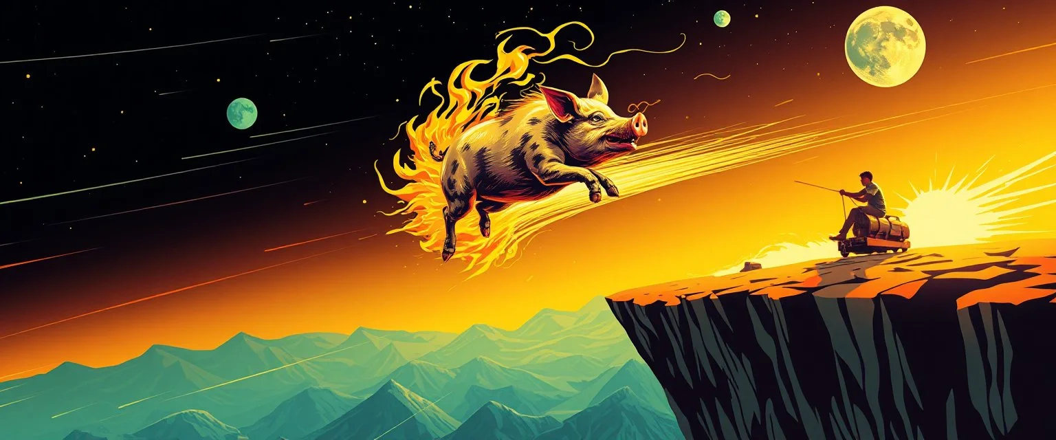 faster than a greased muscle pig on a runaway train jumping over the cliff . speed and energy, goa trance poster