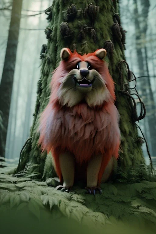 Realistic forest scene. big furry monster sitting next to tree. Wes Anderson style. Red hair, smile, happy, gradient color fog. highly detailed, concept art, unreal engine 5, ray tracing, RTX, lumen lighting, ultra detail, volumetric lighting, 3d, finely drawn, high definition, high resolution.