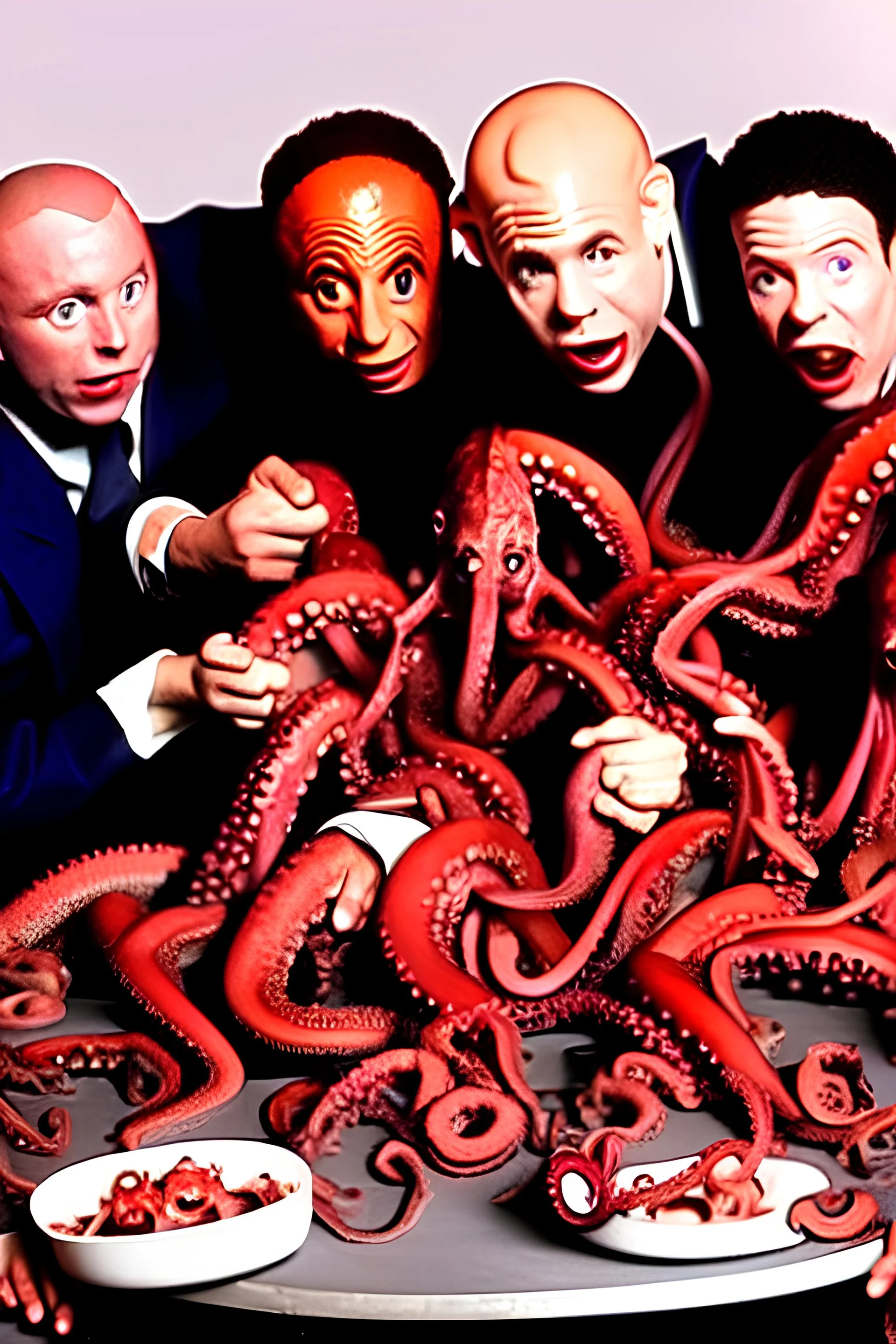 The cast of red Dwarf all eating octopus