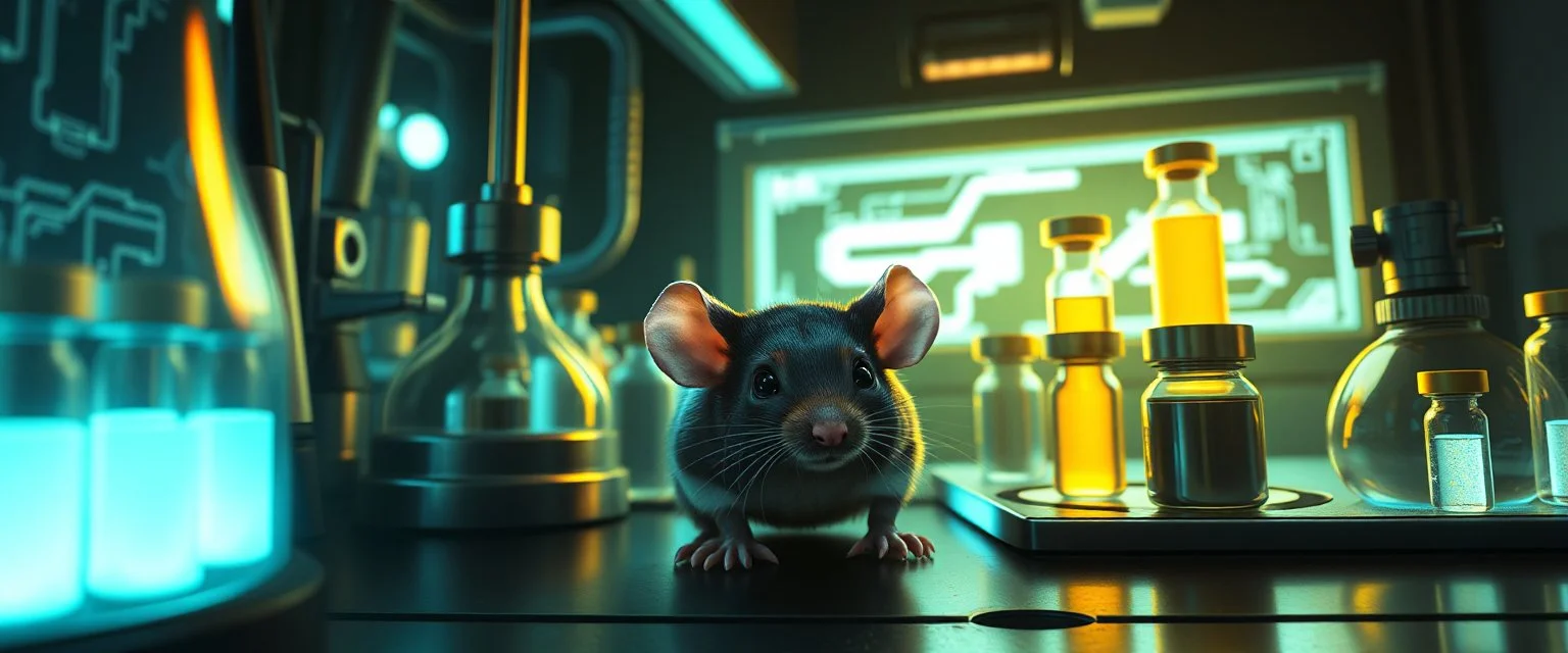 1️⃣ Lab Escape "A small, ragged lab rat with faint bandages hides among metallic lab equipment and glowing vials in a dim, futuristic laboratory. Holographic screens flicker, sterile surfaces reflect faint light. Focus on the rat's cautious expression, atmosphere tense but quiet."