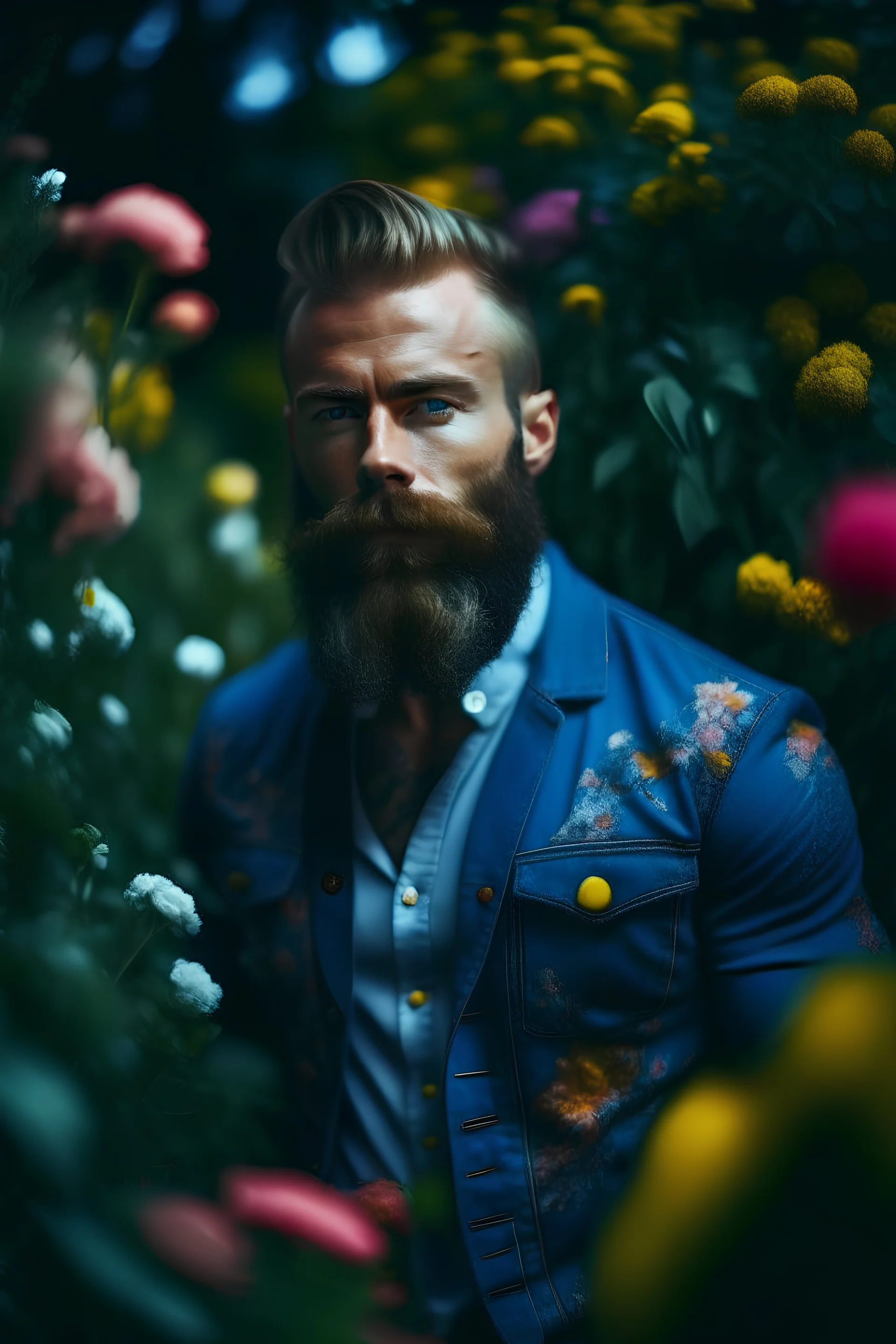 Photography, 35mm, Telephoto, Dichromatism, 8K, Full-HD, Frontlight, Denim, Flowers, photo of muscular, bearded man dressed in a denim suit and surrounded by flowers