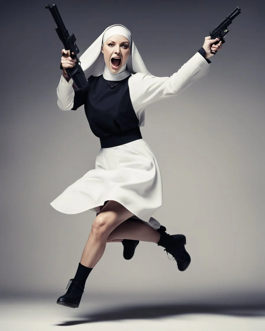 A nun in a short dress jumping with a gun