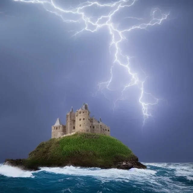 Castle on an island in the Middle of the ocean during a storm