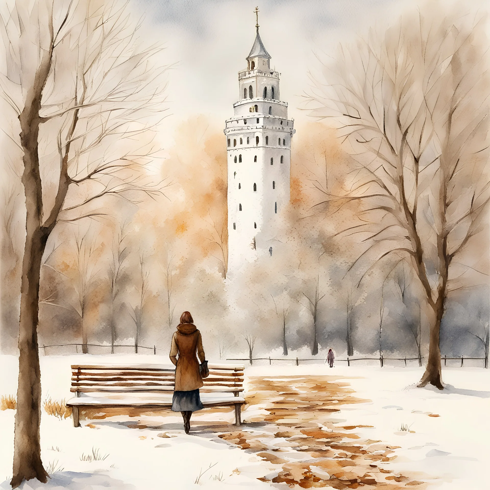 "realistic" full size a woman in a snowy park walks towards a white tower. There are trees and a snow-covered bench along the path. The leaves on the trees are dry and brown. The sky is grey. watercolor wet on wet, romantic, detailed. watercolor wet on wet, romantic, detailed, award winning, colourful, focused, nikonD850