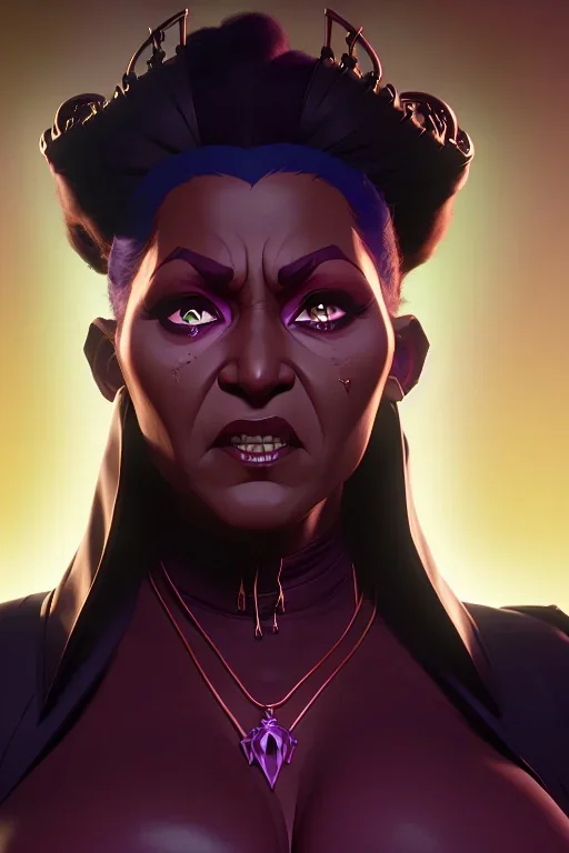 Pam Grier as evil queen in black leather, leather, busty, cleavage, angry, stern look. character design by cory loftis, fenghua zhong, ryohei hase, ismail inceoglu and ruan jia. unreal engine 5, artistic lighting, highly detailed, photorealistic, fantasy