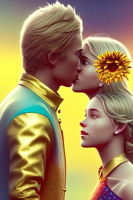 kissing humans, flowers, gold, gems, blonde girl and boy, cinematic, love, subject in the center