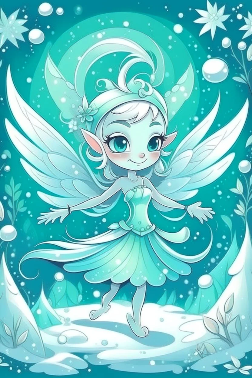 fantasy cartoon style illustration: mischievous snow fairy who sprinkles magic snowflakes