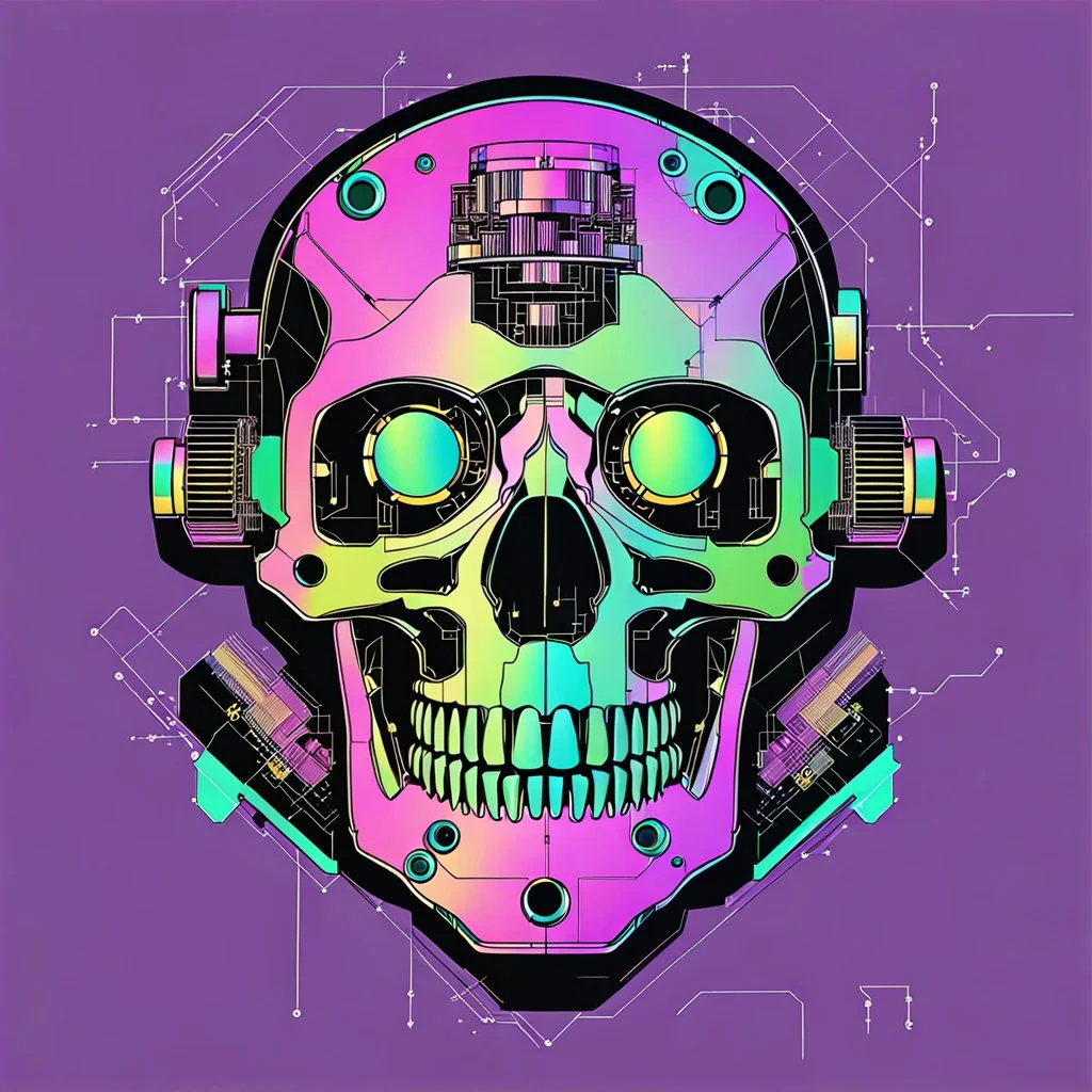 FLAT VECTOR LAYERED IMAGE OF CYBERNETIC SKULL PARTS IN A SCHEMATIC, BLACK AND WHITE, AUTOCAD, FINE LINE BLUEPRINT,