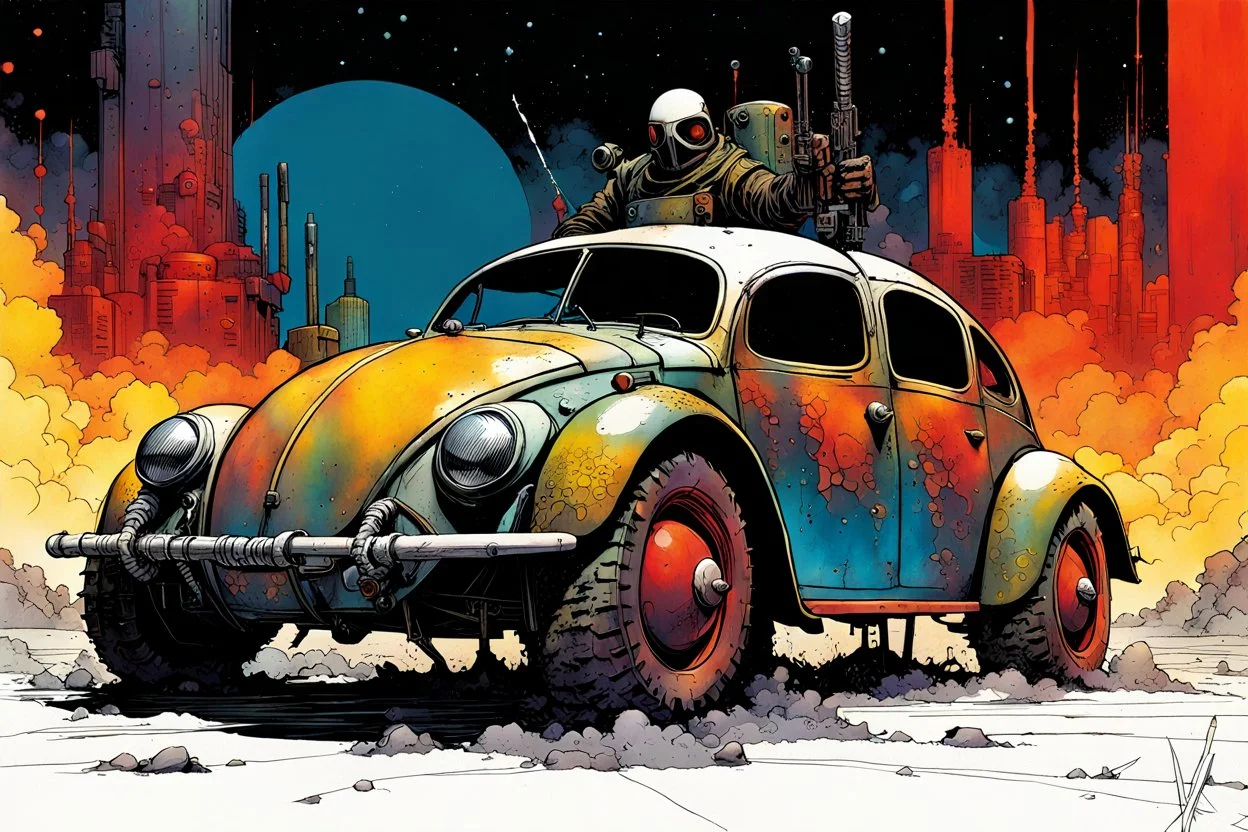 create an abstract, powerful, stripped down, armored, post apocalyptic Volkwagen beetle hot rod with highly detailed features, lost in a horrific industrial wasteland, in the comic book art style of Bill Sienkiewicz, Mike Mignola, and Jean Giraud Moebius , searing lines , forceful strokes, precisely drawn, inked, and colored