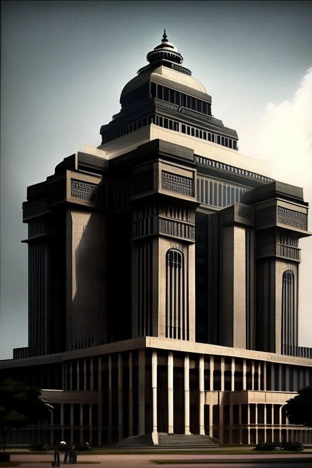 Architectural style for building of India's Intelligence Bureau , make it visibly military and intelligence style at the same time similar to Indian Architecture, use darker colors, make it wider and not much taller