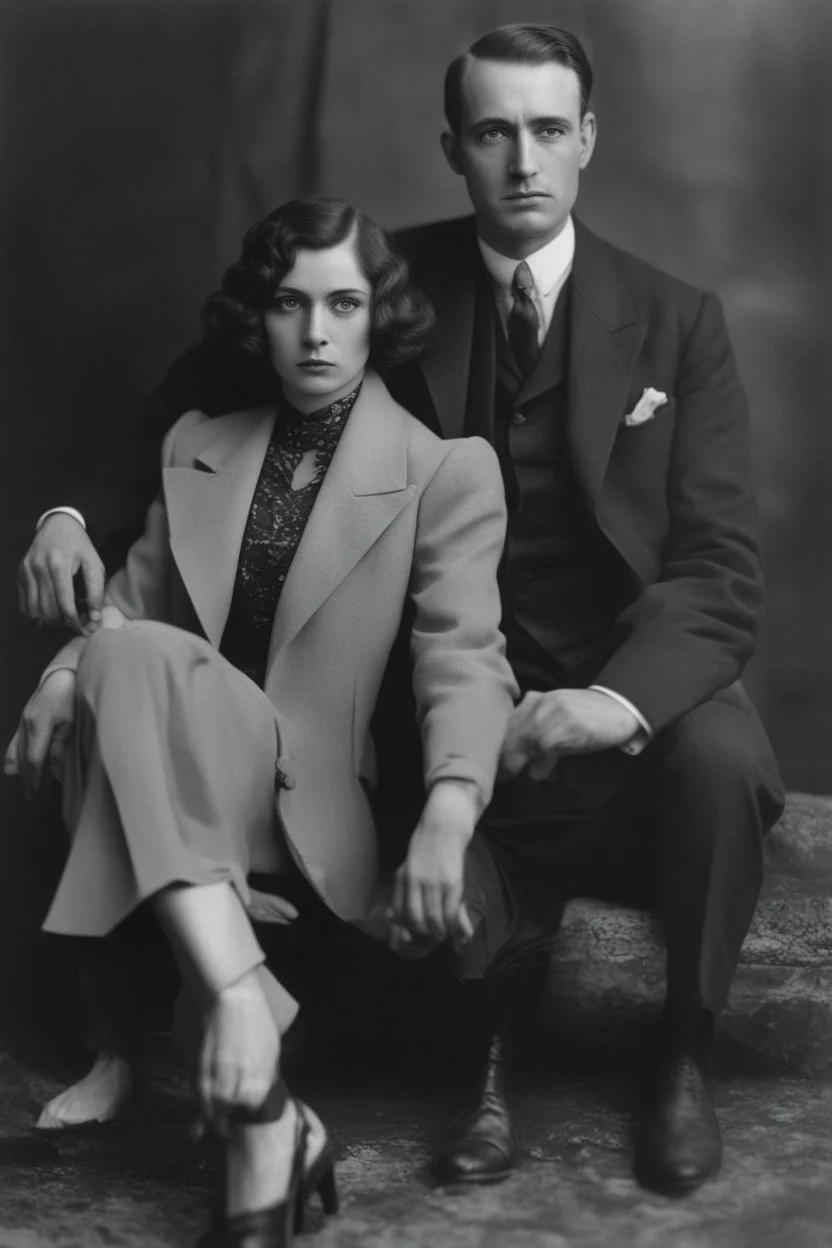 Black and white photo of a serious couple sitting for portrait shoot in the 1920s