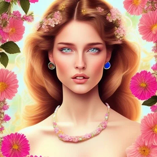  beautiful, pretty very young european female face portrait, detailed eyes, hair with flowers, cosmic ambiance , 8k