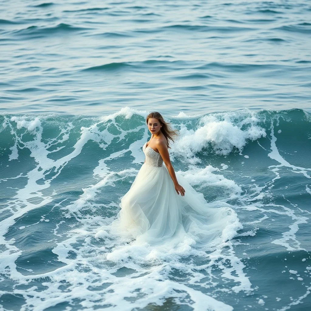 Born of the Ocean Where the sea becomes a gown and every wave moves with her. A moment of gown in waves ,looking at camera ,moving in wavy water