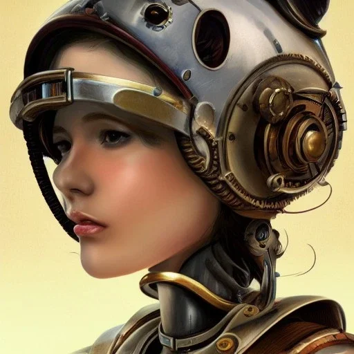 great illustrator, spanish, realistic rendering of a spanish cute girl, beautiful, steampunk style. Helmet with tubes. Machinery in the background. robotic bird flying. High details. 4k. unreal engine